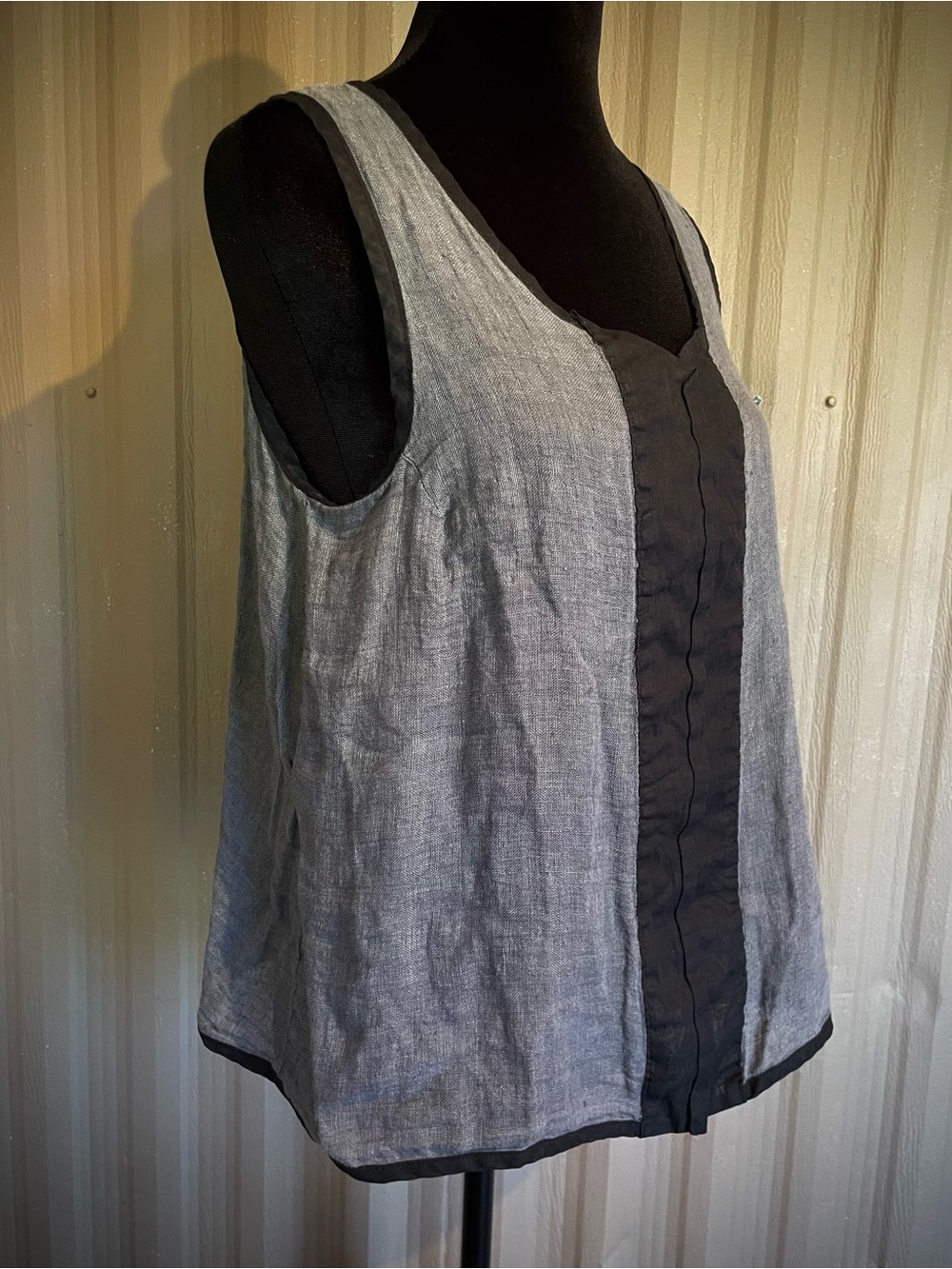 Cynthia Ashby Grey/Blk Sleeveless Linen Snap Tunic Top Minimalist Lagenlook sz S - Picture 3 of 14